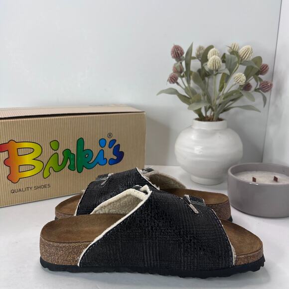 Birki's Zurich Slide Sandals Check Fur Gray 516233 Women 7/Men 5/EU38 NWB Narrow - Picture 7 of 10